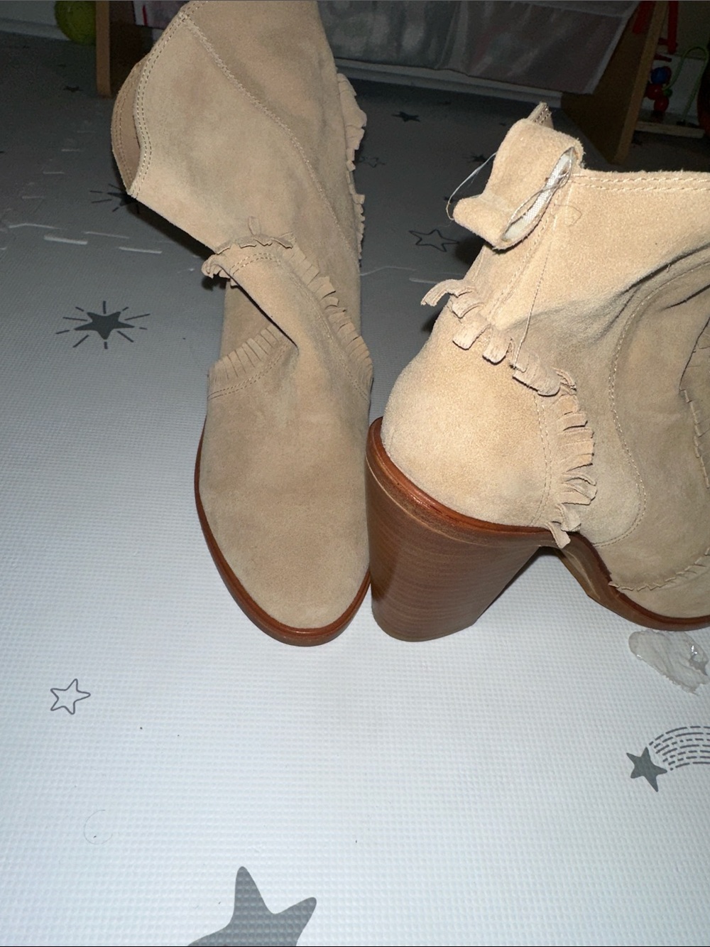 Joie Taupe Suede Fringe Ankle Boots with Block Heel
